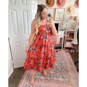 Women's Floral Print Tiered Midi Dress - RHODE Dark Orange/Blue